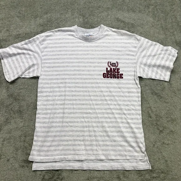 Vintage Mens T-shirt, Lake George, Velva Sheen, L/XL, grey and white stripe - Picture 1 of 6
